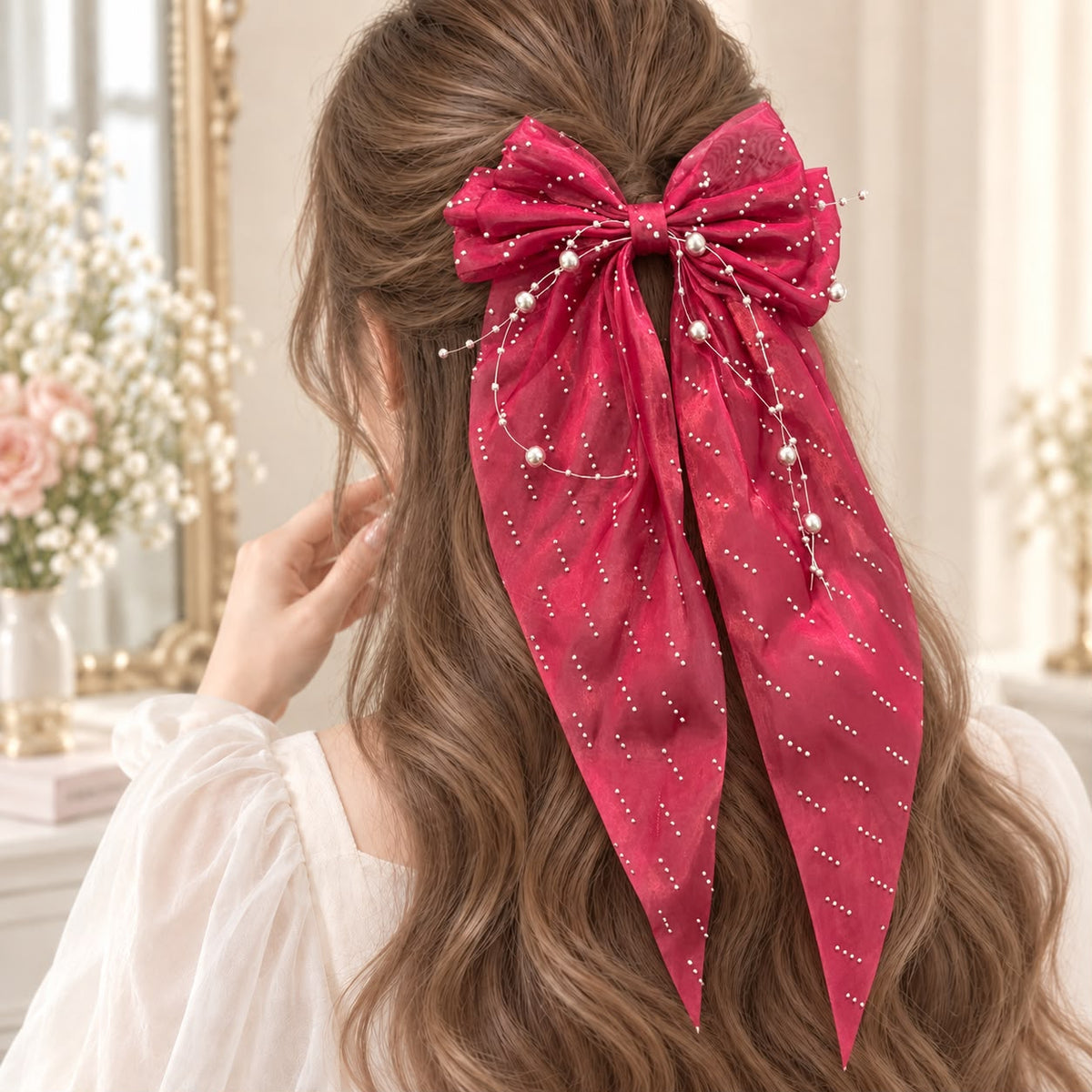 Pearl Bow Hair Clip – (Maroon)