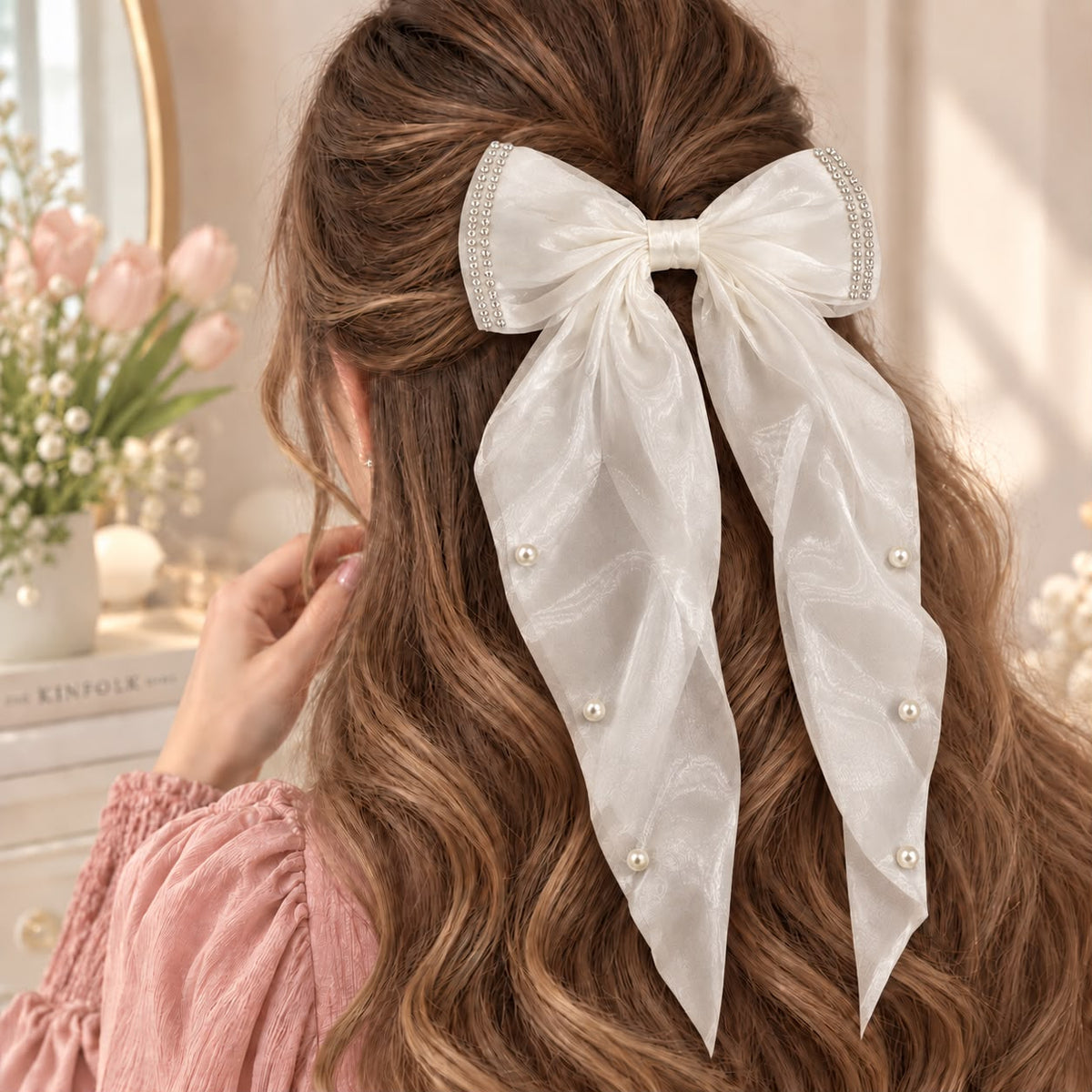 Pearl Trim Bow Hair Clip-(White)
