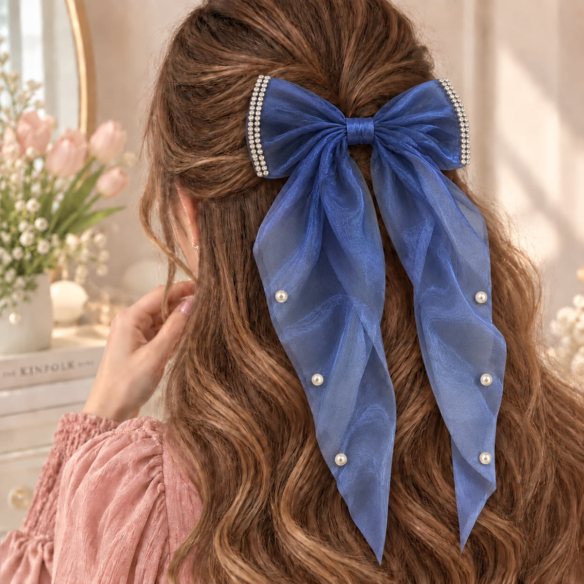 Pearl Trim Bow Hair Clip-(Blue)
