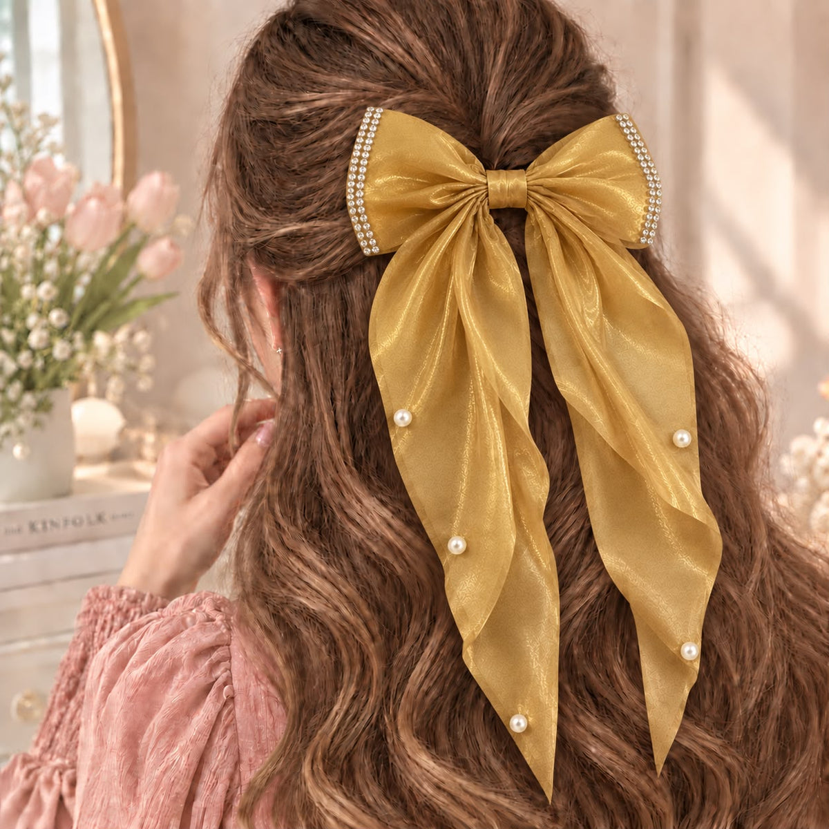 Pearl Trim Bow Hair Clip-(Golden)
