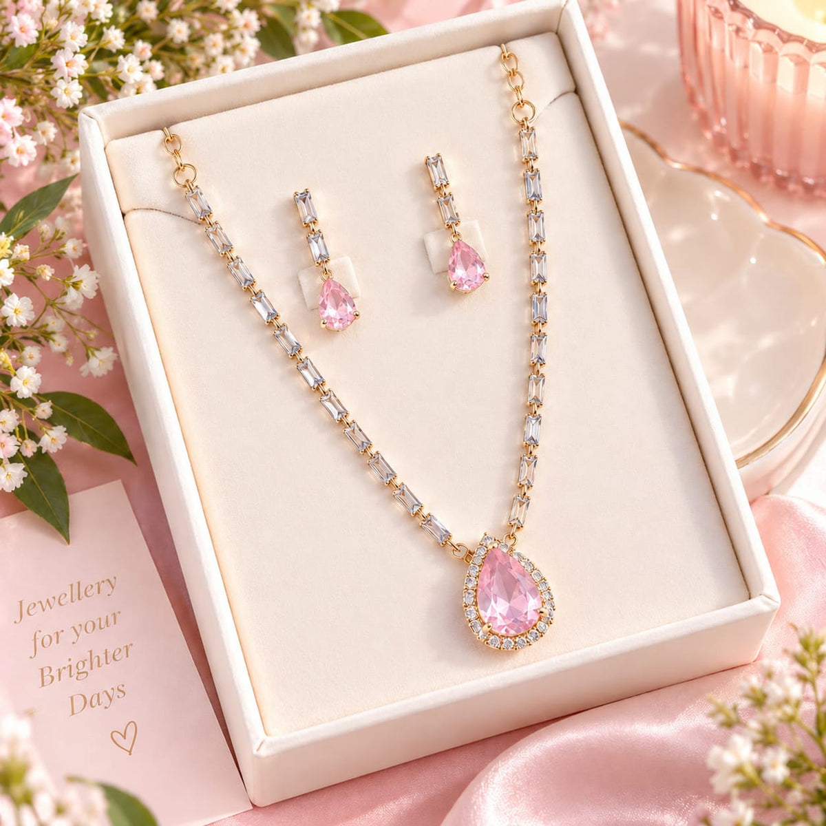 Zircon Necklace-65 (Golden/Pink)