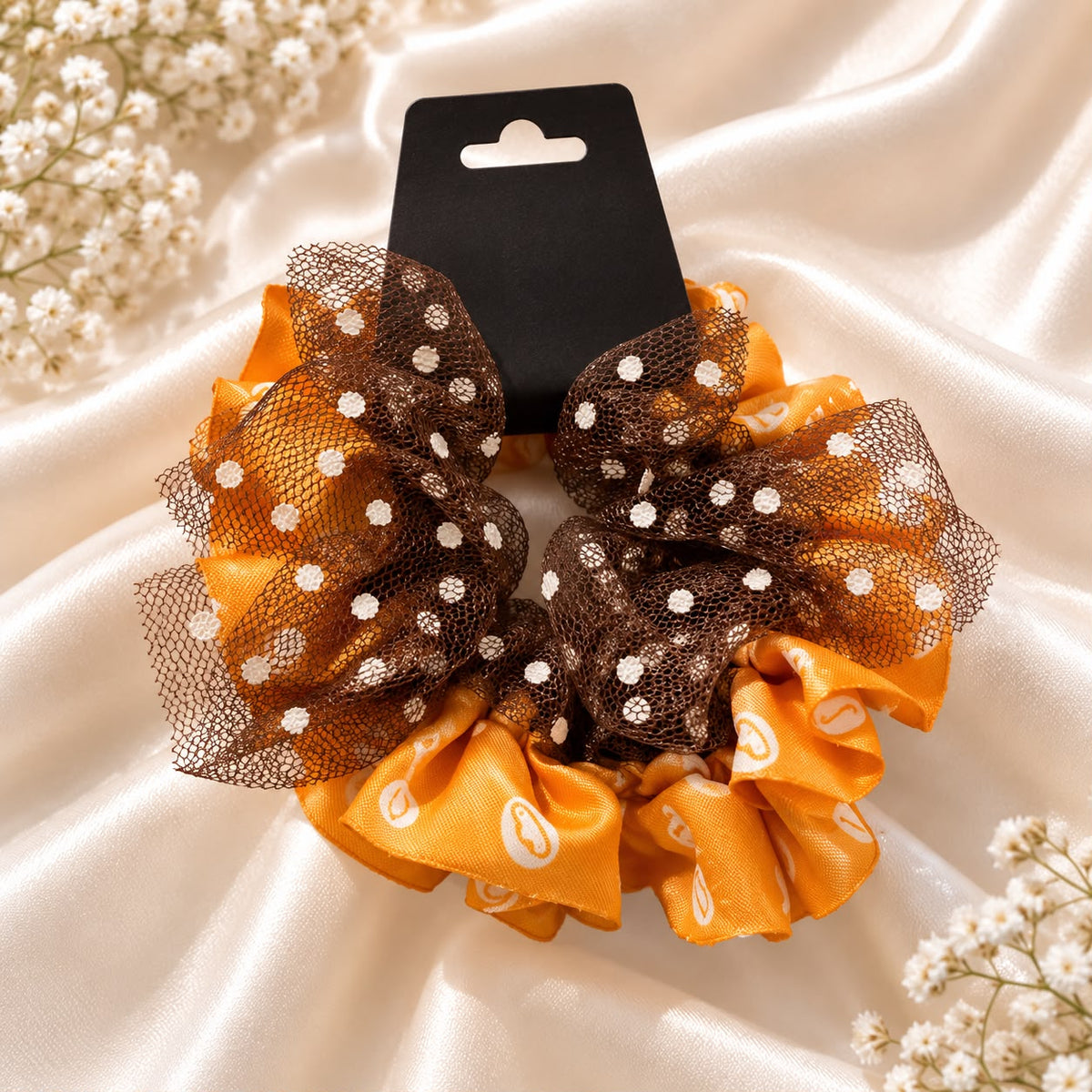 Polka Dot Mesh Scrunchie (Orange)