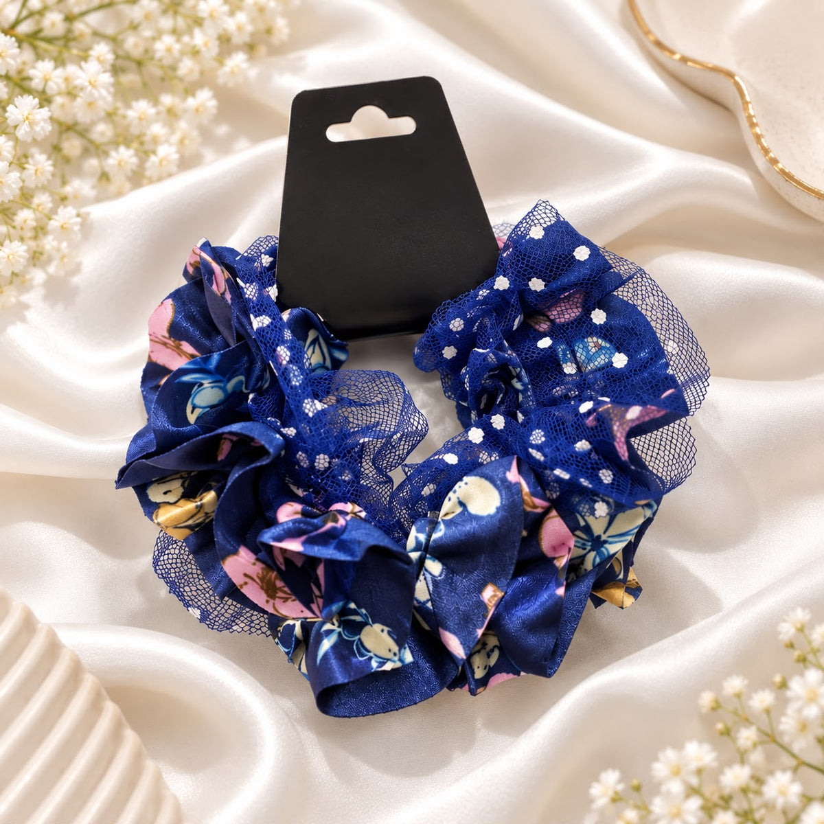 Floral Mesh Scrunchie-02 (Blue)