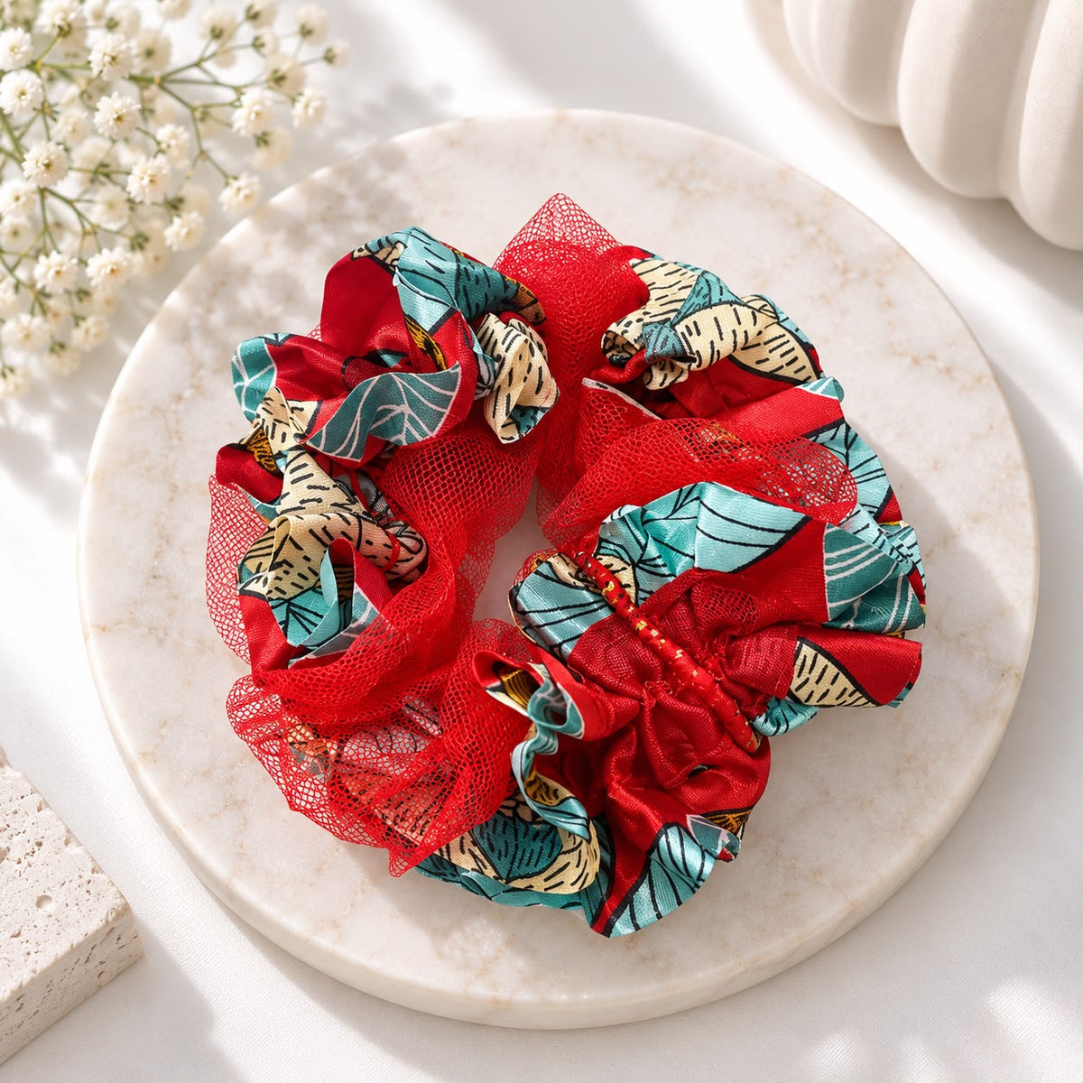 Floral Mesh Scrunchie-03 (Red)