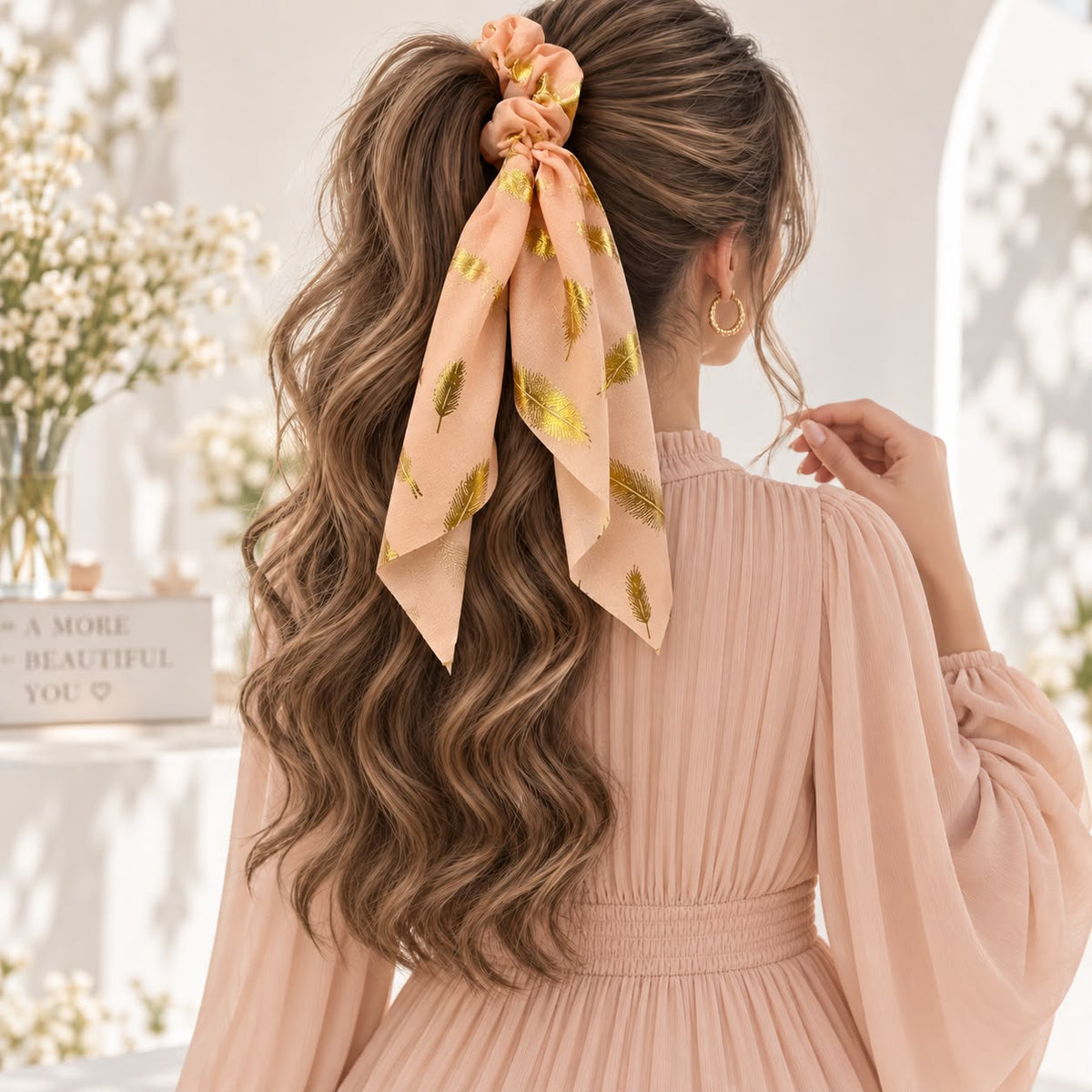Golden Feather Scarf Scrunchie (Peach)