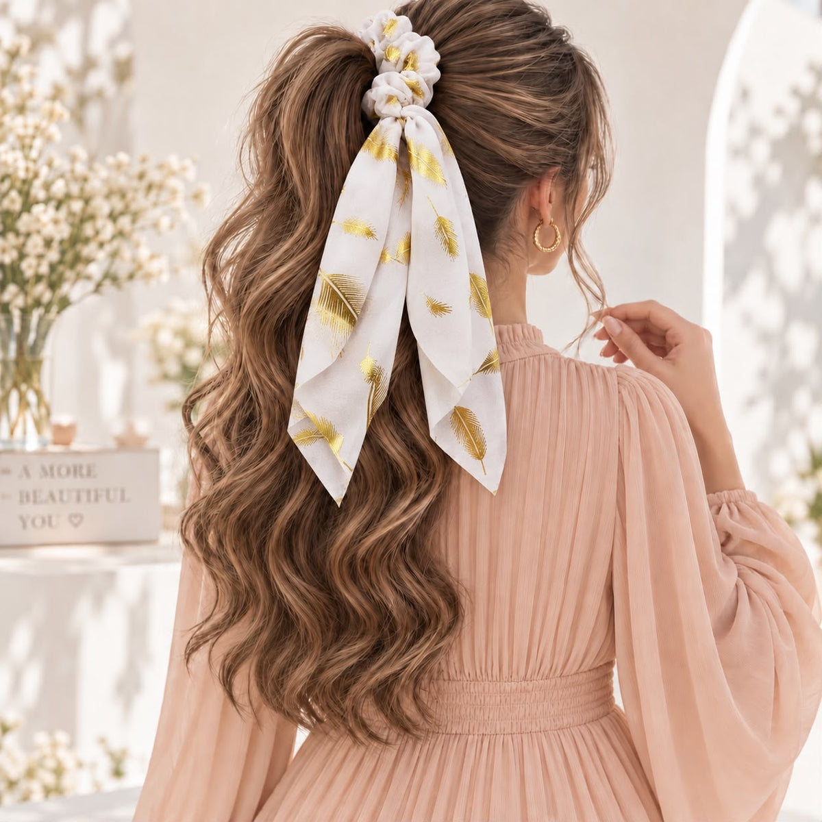 Golden Feather Scarf Scrunchie (White)