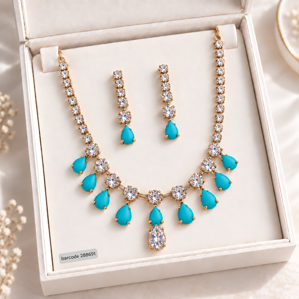 Zircon Necklace-69 (Golden/Ferozi)