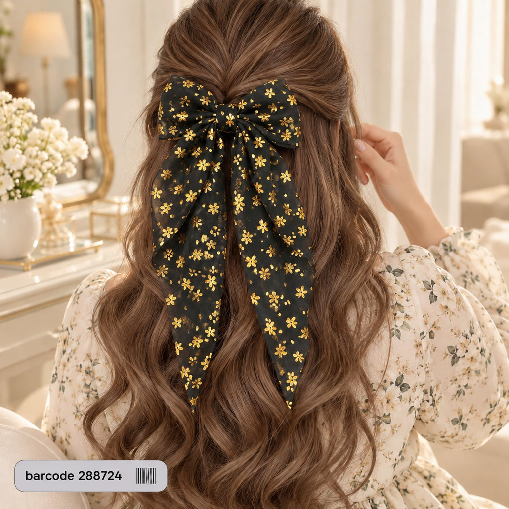 Floral Bow Hair Clip (Black)