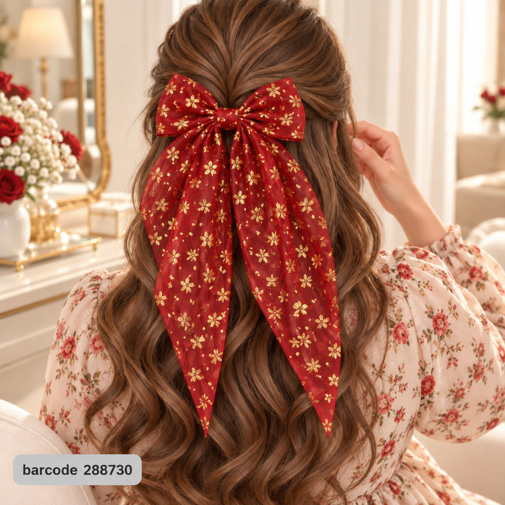 Floral Bow Hair Clip (Red)