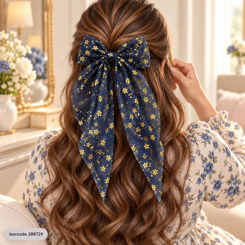 Floral Bow Hair Clip (Blue)