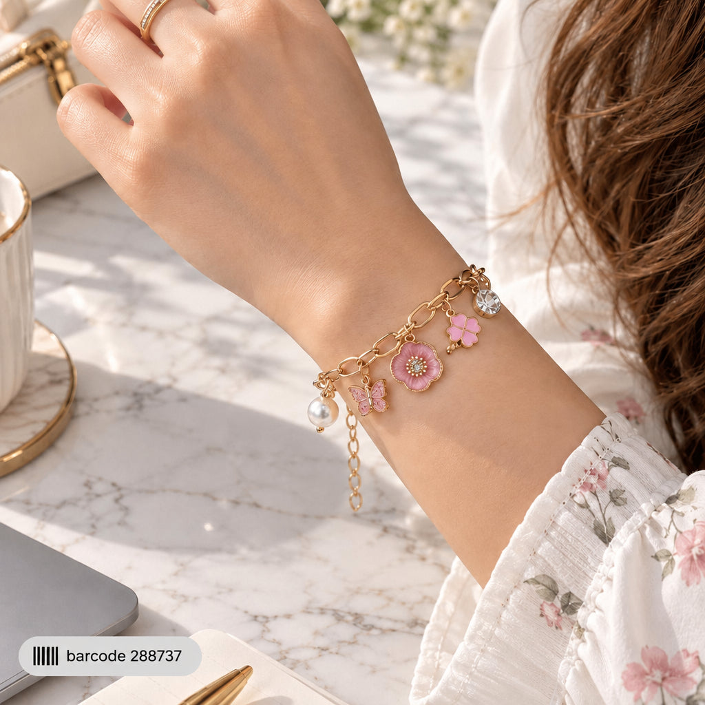 Stainless Steel Charm Bracelet-14 (Pink)