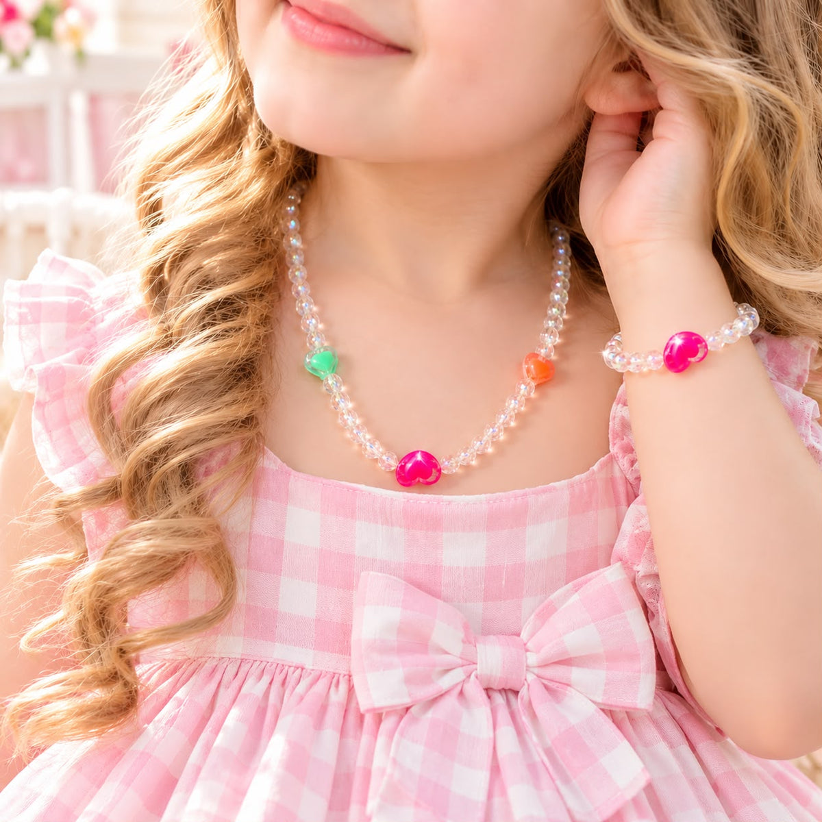 Kids Charm Necklace & Bracelet-02 (White/Pink)