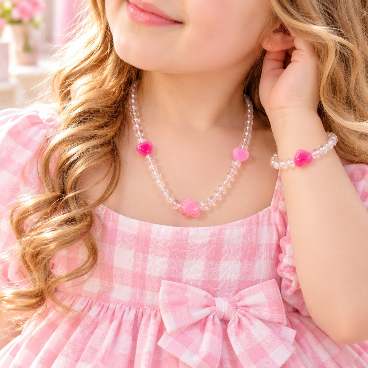 Kids Charm Necklace & Bracelet-02 (White/Light Pink)