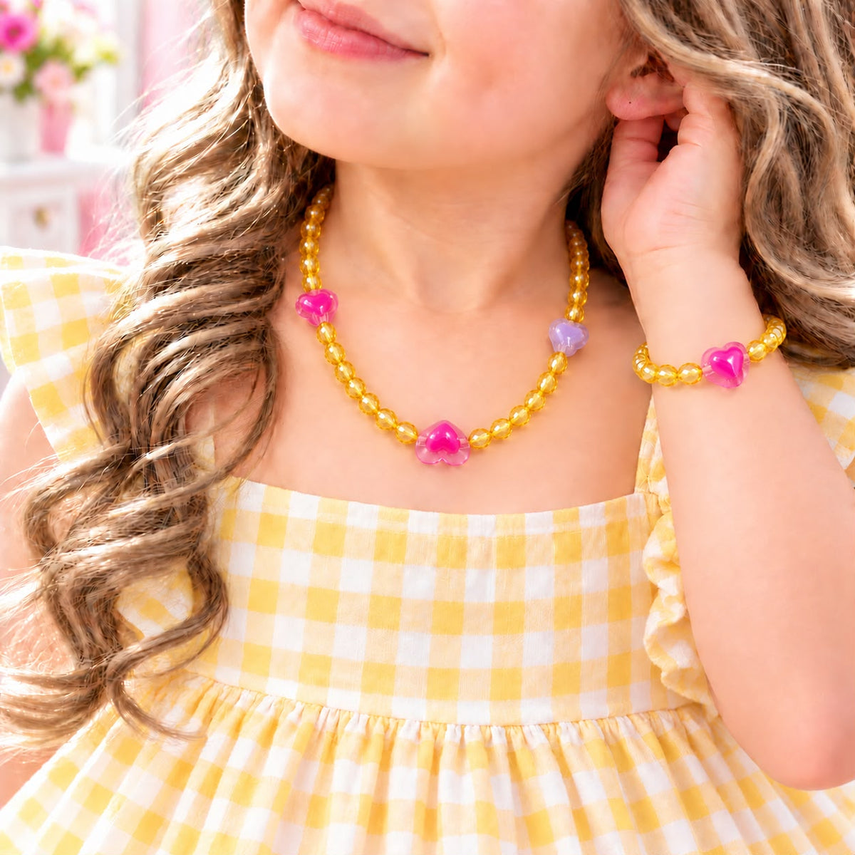 Kids Charm Necklace & Bracelet-02 (Golden/Pink)
