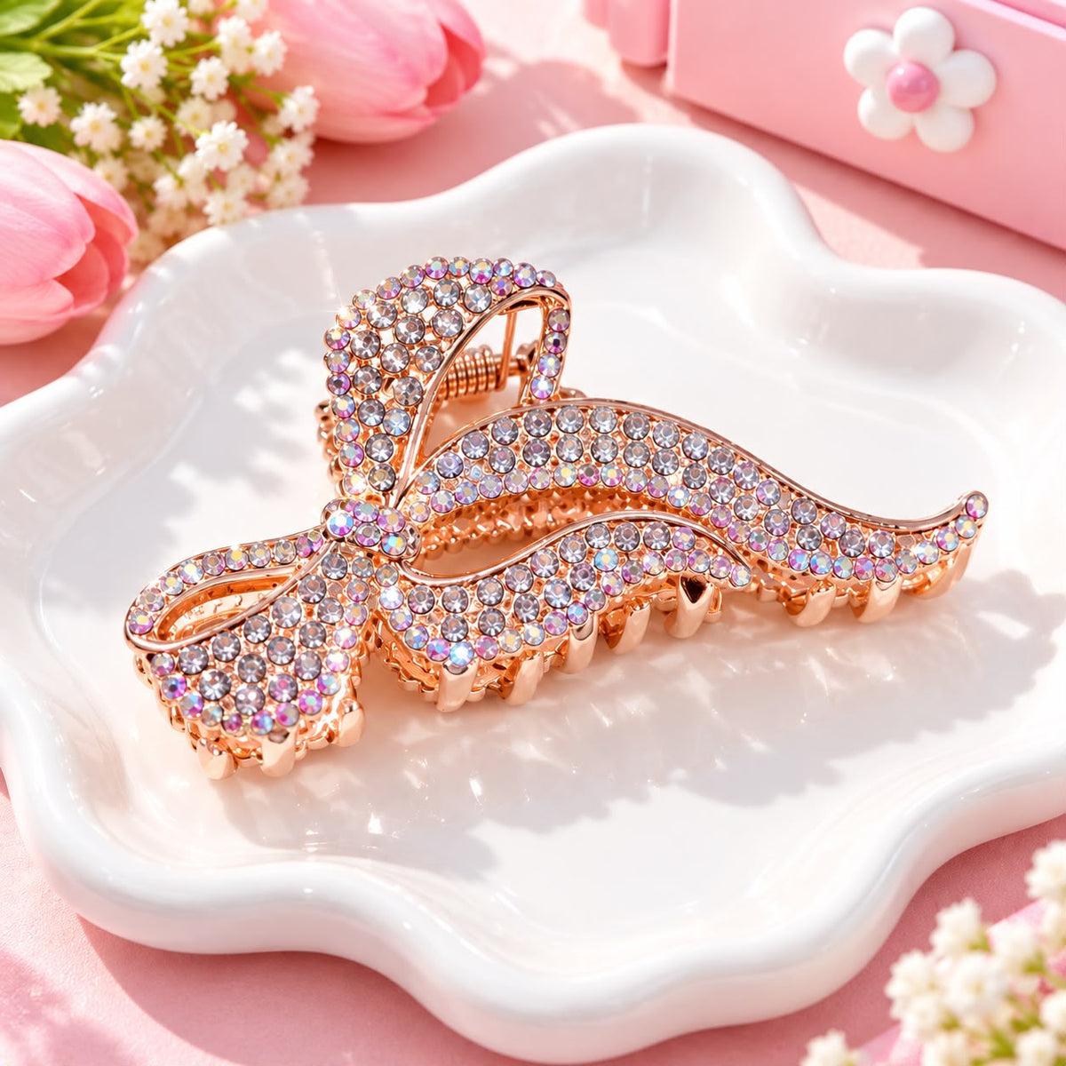 Bow Rhinestone Metal Hair Clip (Rose Gold)
