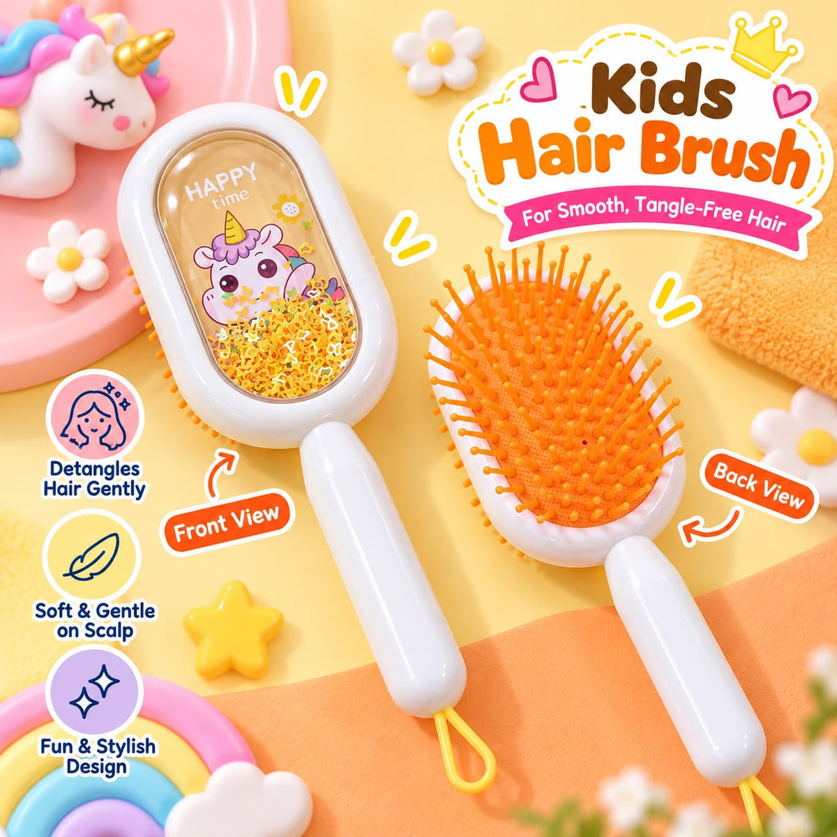 Kids Glitter Hair Brush (Orange)