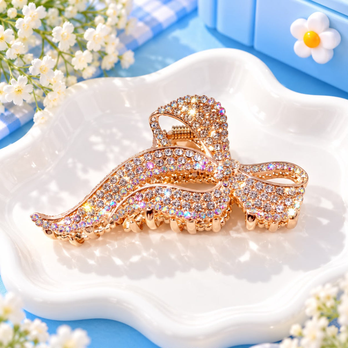 Bow Rhinestone Metal Hair Clip (Golden)