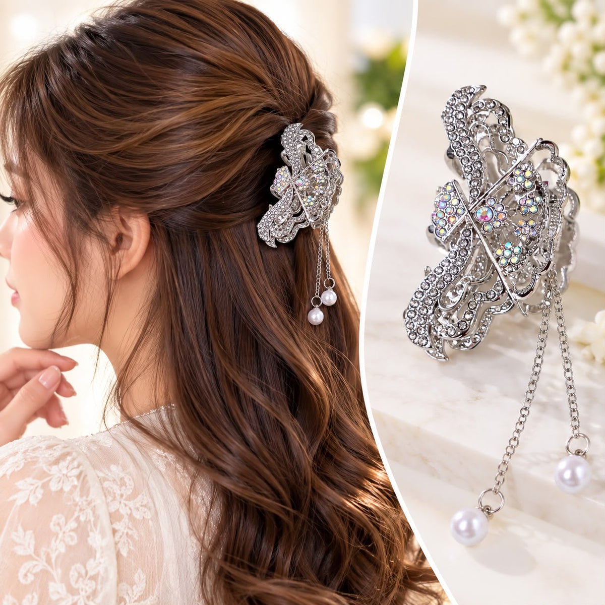 Rhinestone Metal Hair Clip (Silver)