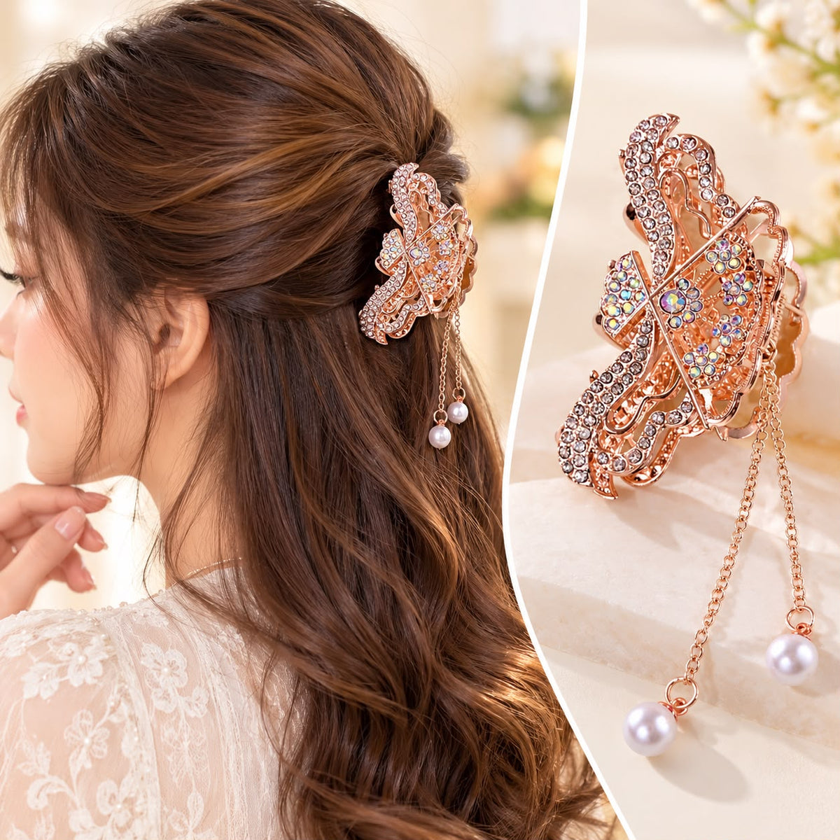 Rhinestone Metal Hair Clip (Rose Gold)