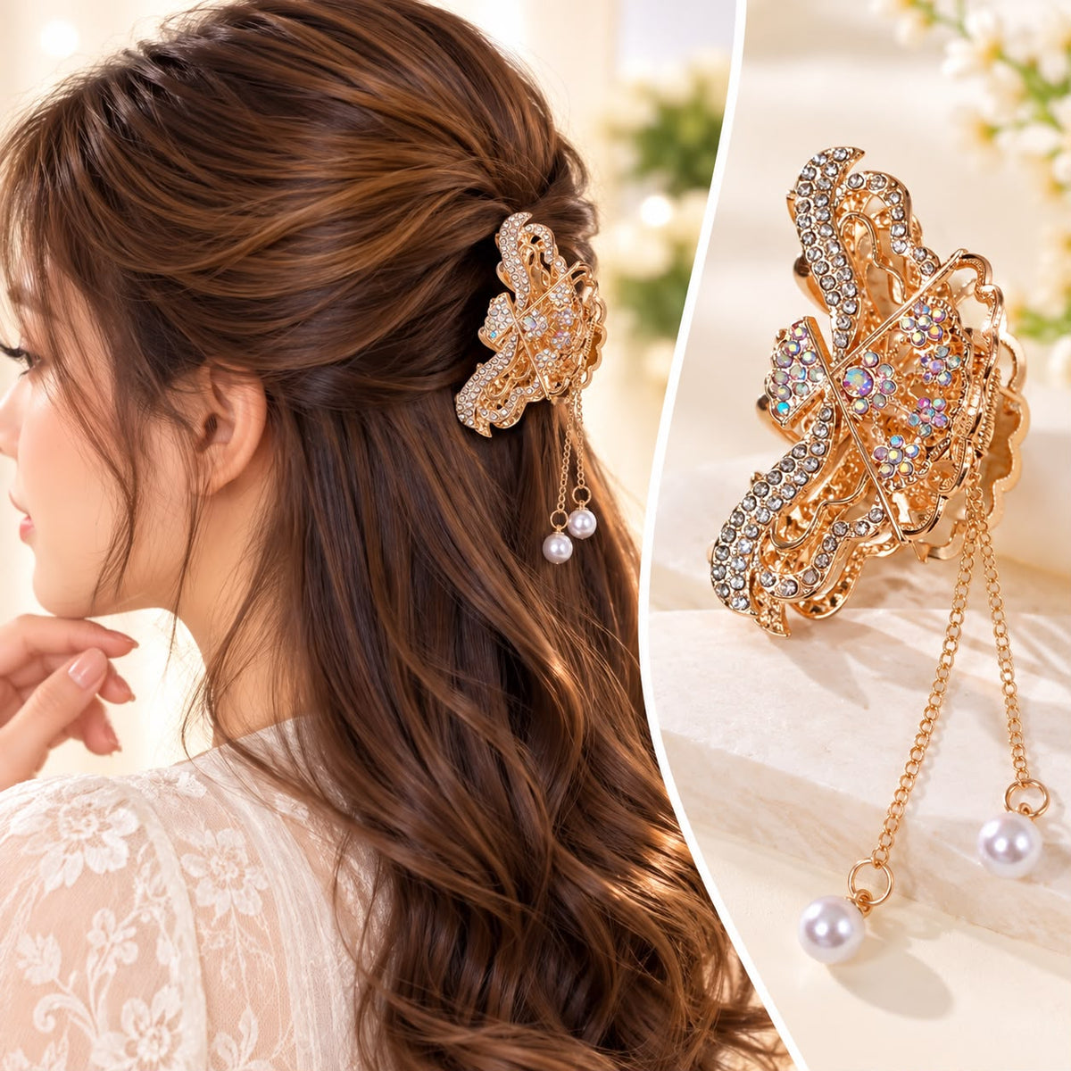 Rhinestone Metal Hair Clip (Golden)