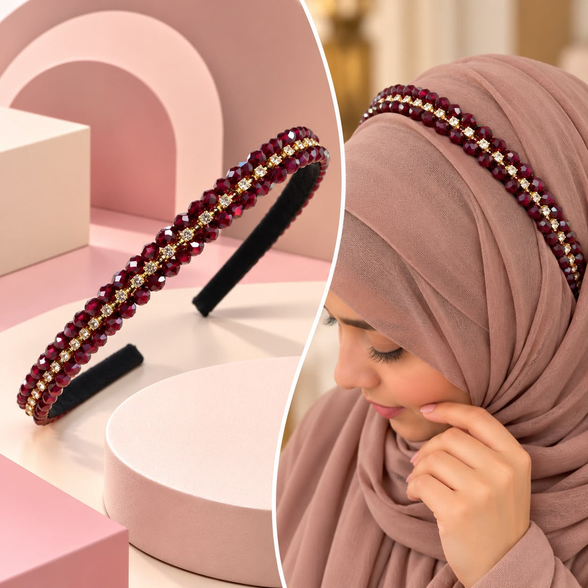 Crystal Beaded Headband (Maroon)