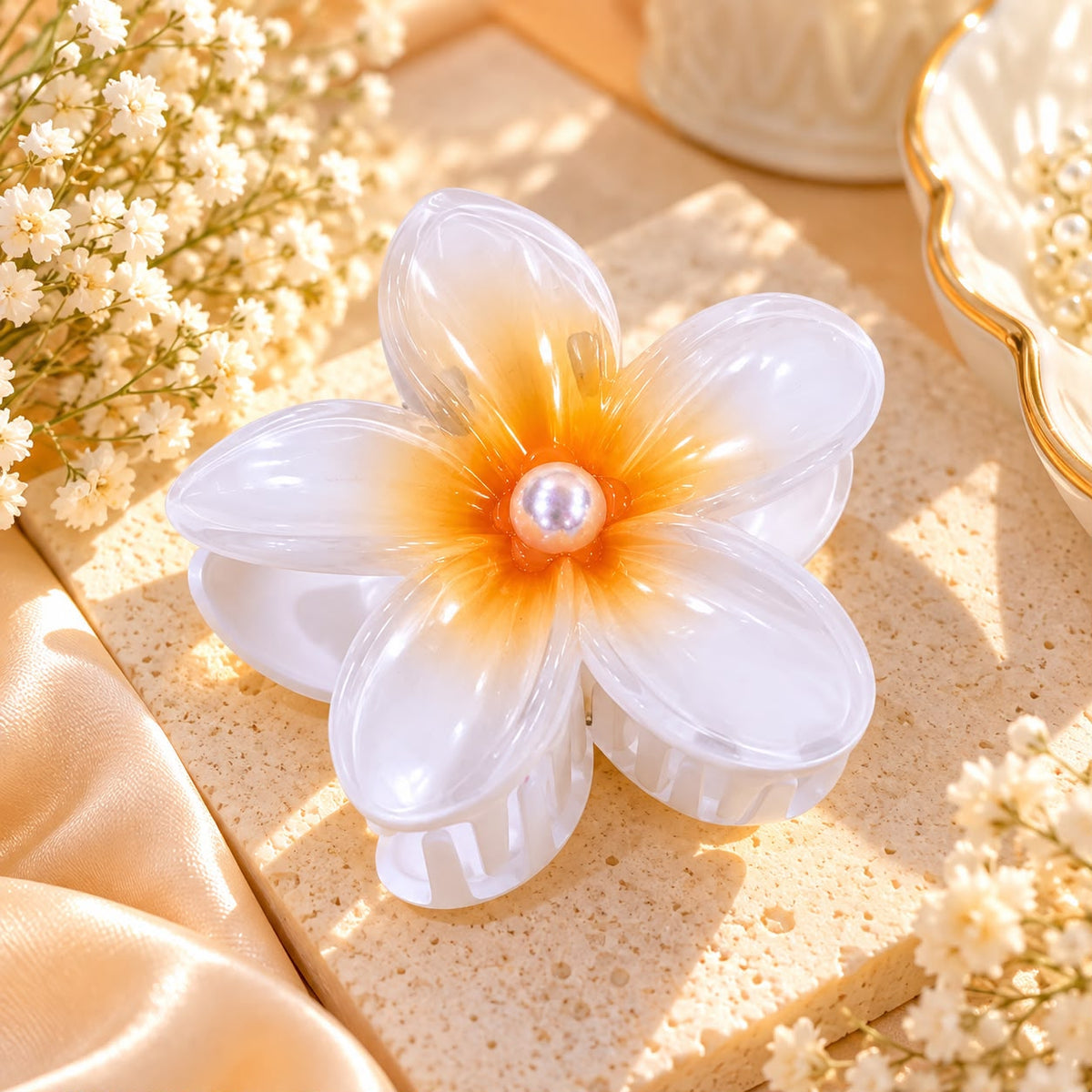 Floral Pearl Hair Claw Clip (Orange)