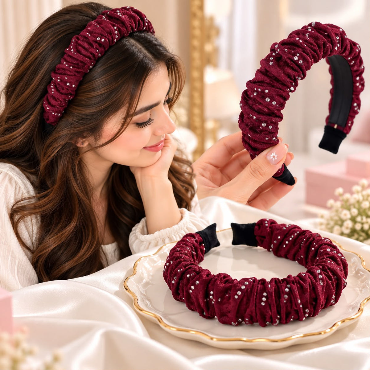 Ruffle Fancy Headband-01 (Maroon)