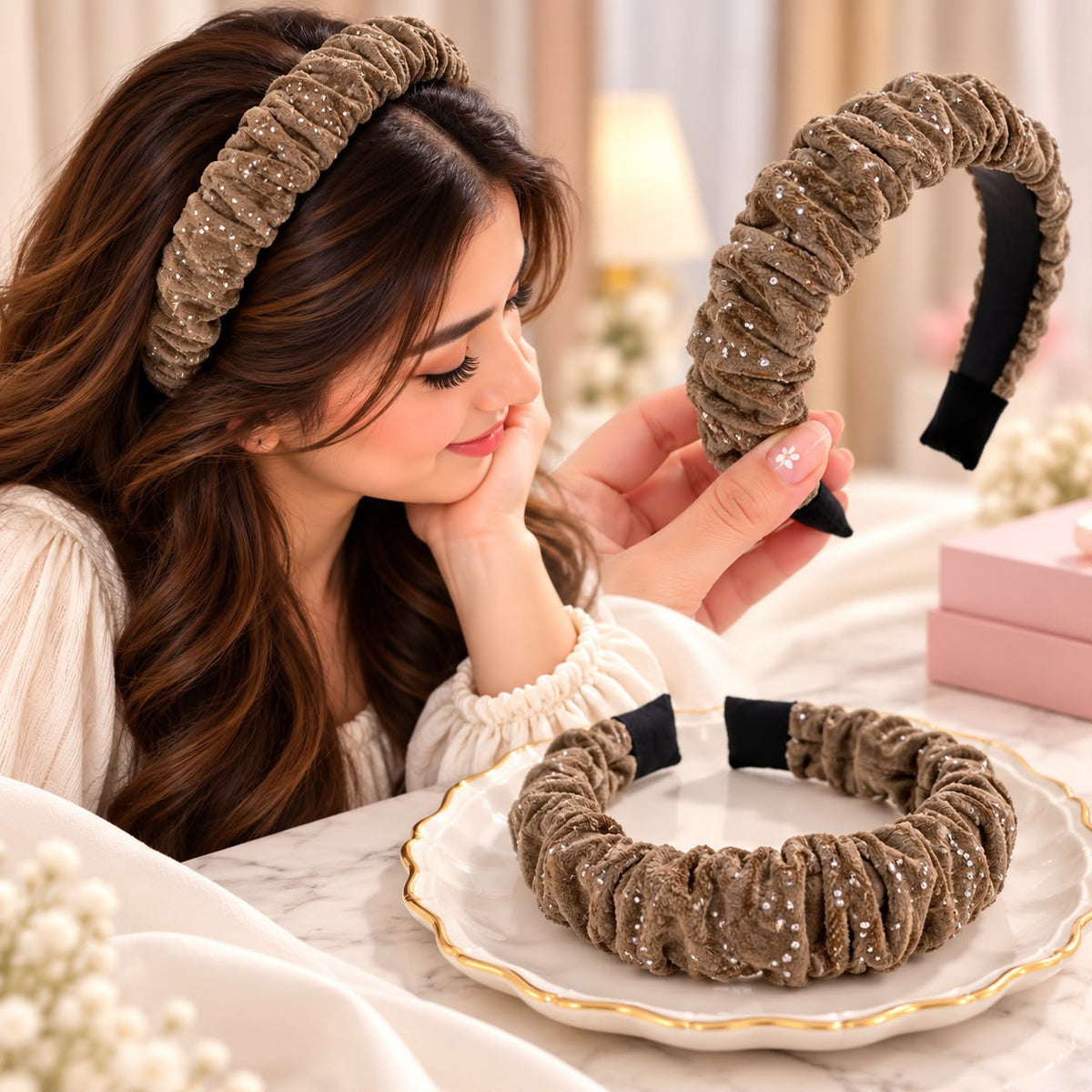 Ruffle Fancy Headband-01 (Brown)