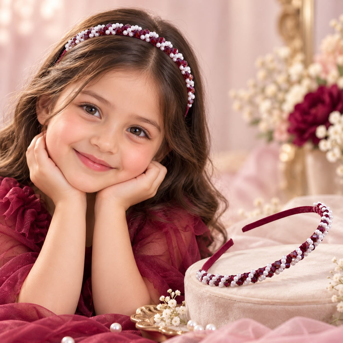 Pearl Beaded Kids Hairband (Maroon)