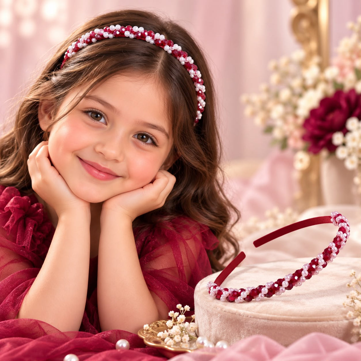 Pearl Beaded Kids Hairband (Red)