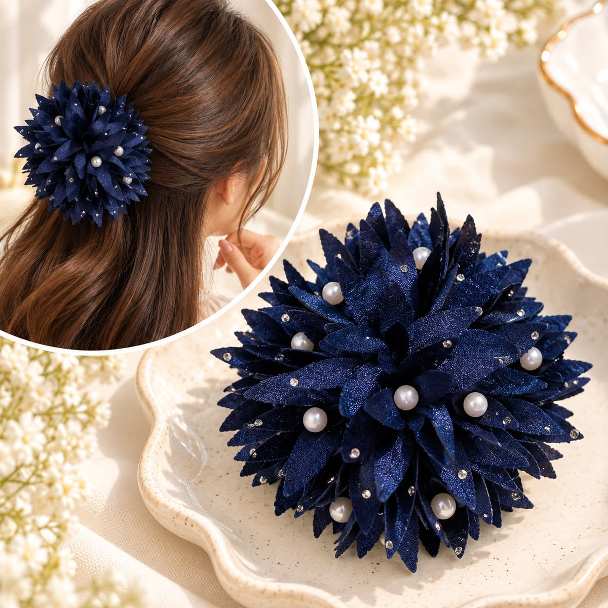 Floral Pearl Hair Catcher (Navy Blue)