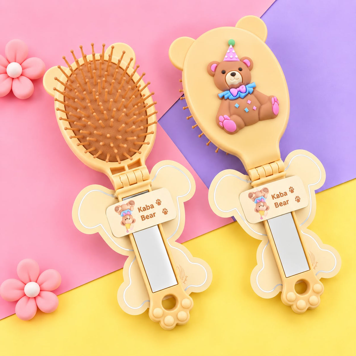 Bear Folding Mirror Hair Brush (Beige)