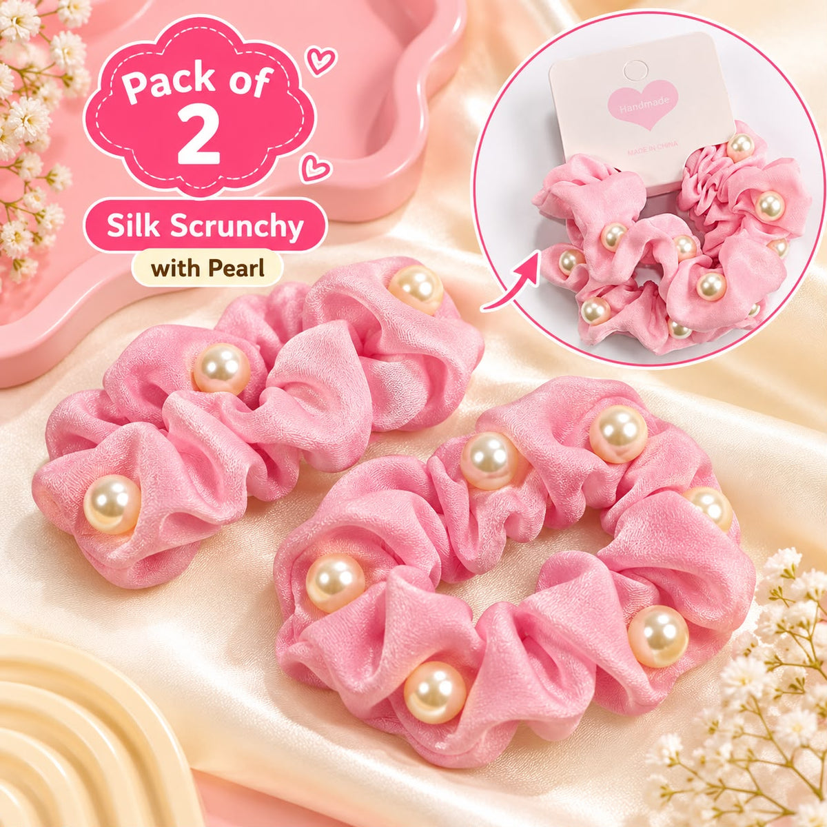 Pearl Silk Scrunchies-01 (Light Pink)