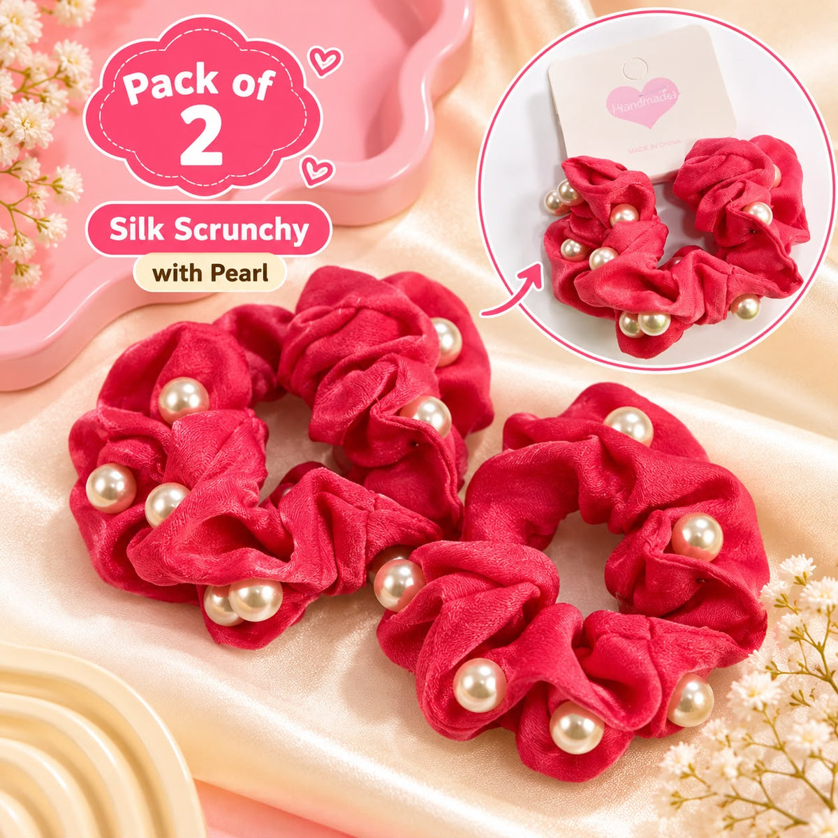 Pearl Silk Scrunchies-01 (Pink)