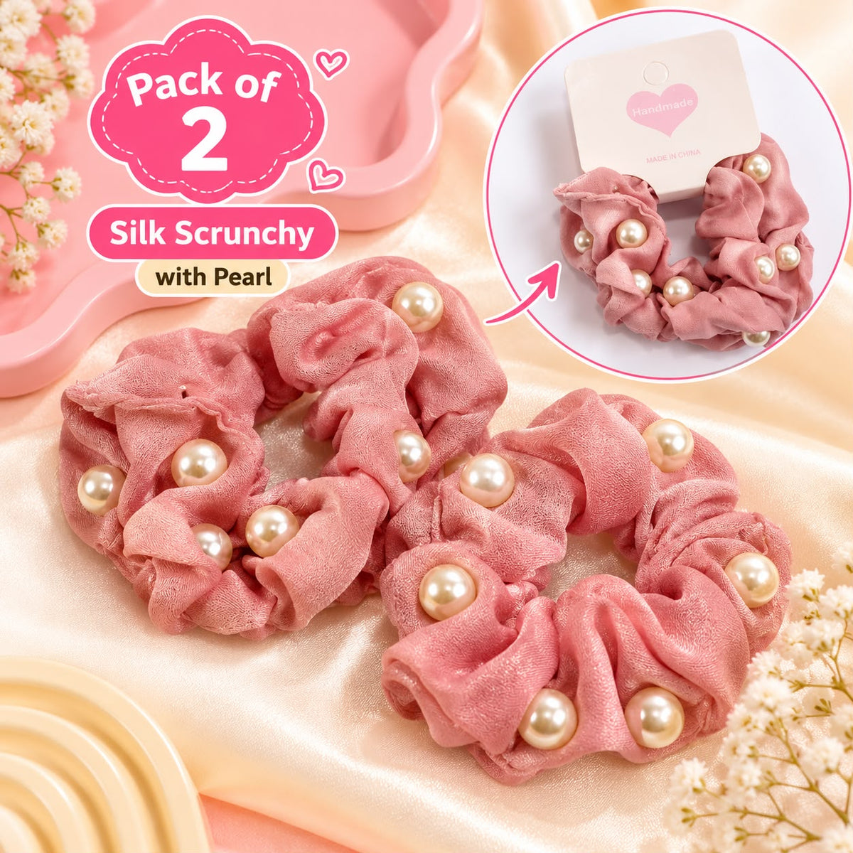 Pearl Silk Scrunchies-01 (Rose Pink)