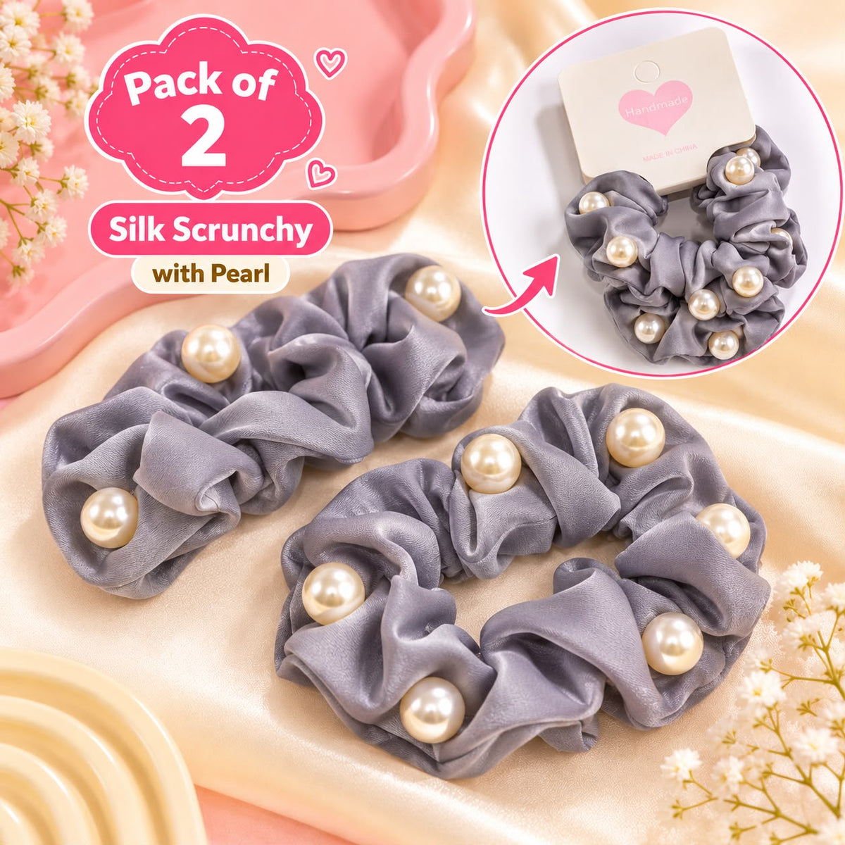 Pearl Silk Scrunchies-01 (Light Gray)