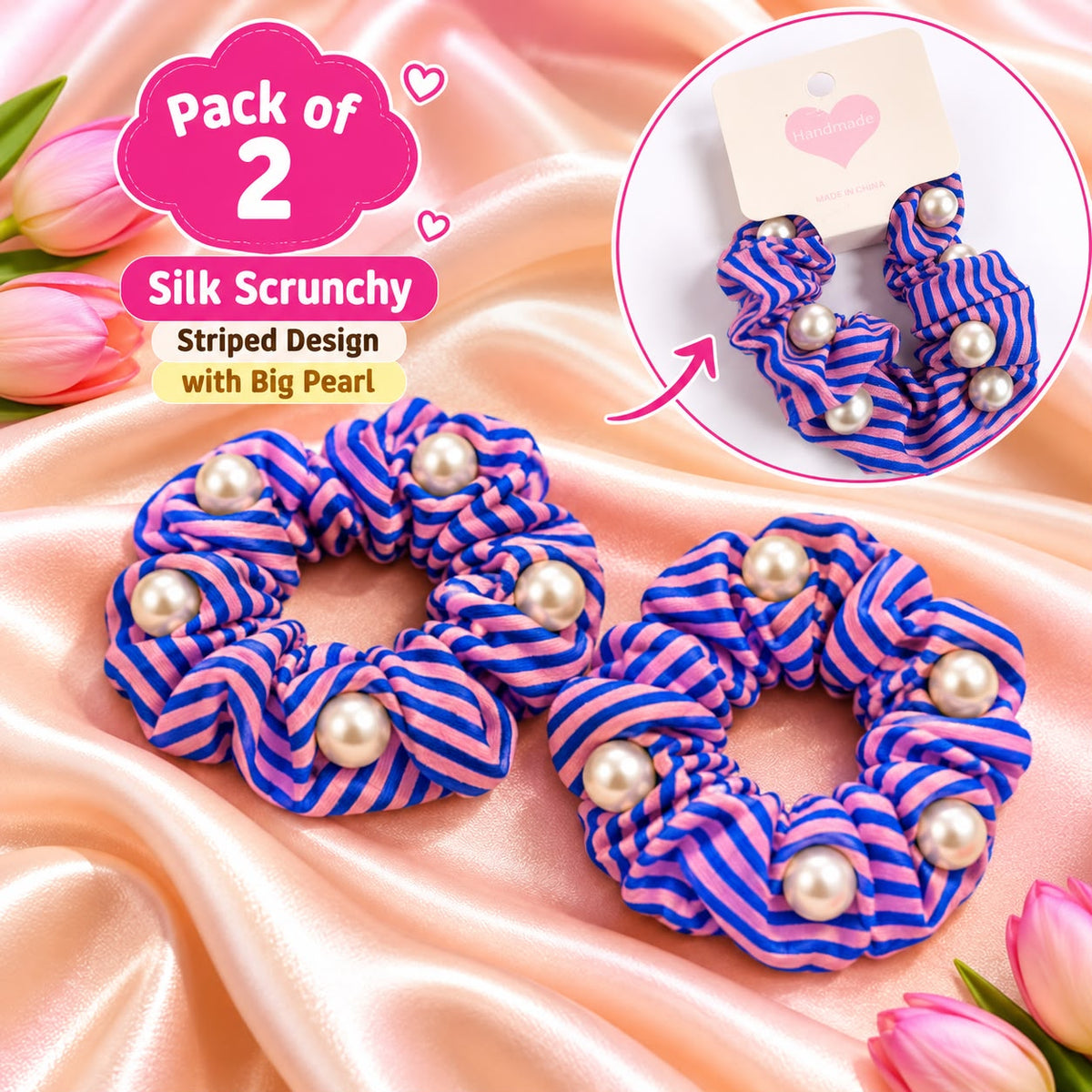 Pearl Silk Scrunchies-02 (Blue,Pink)