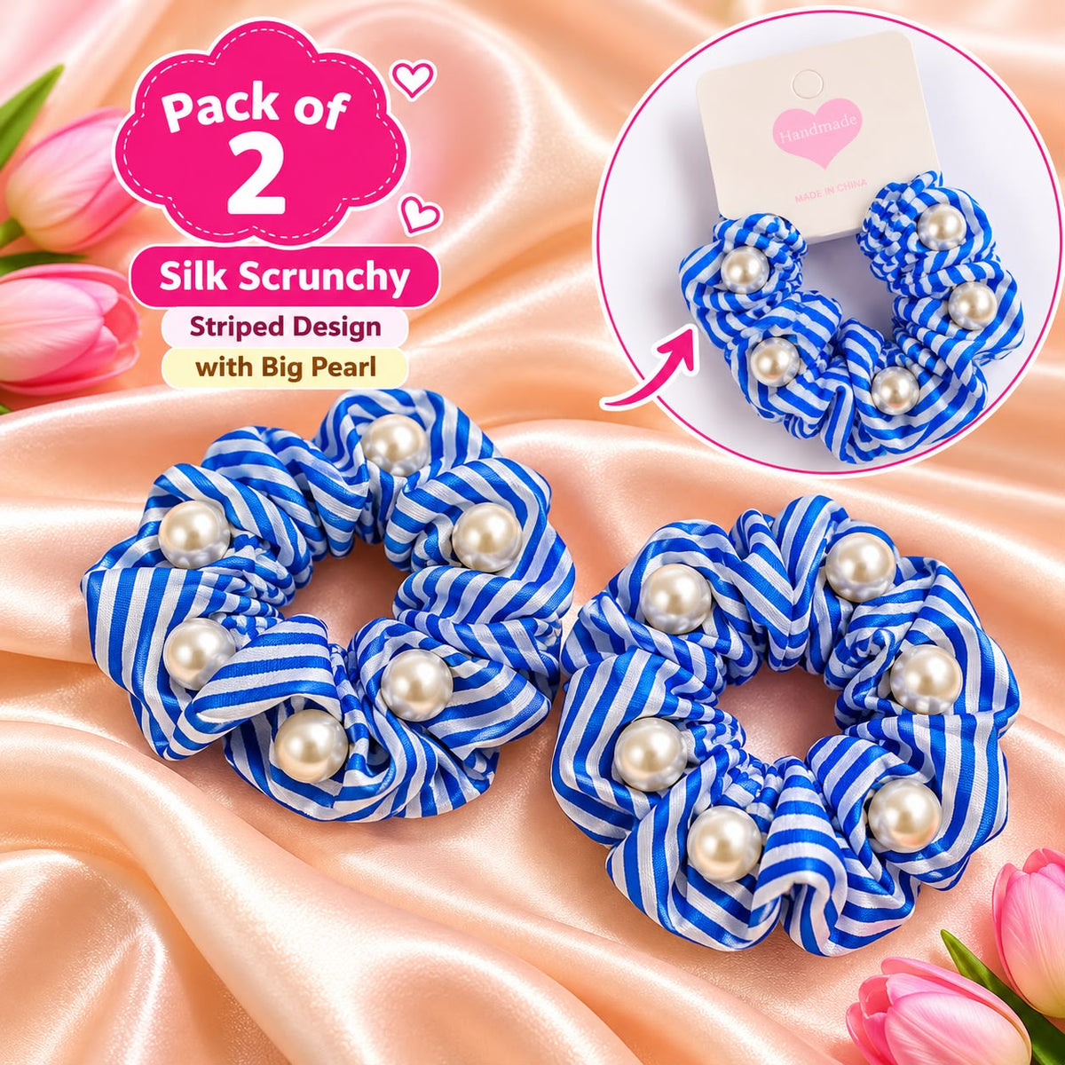 Pearl Silk Scrunchies-02 (Blue)