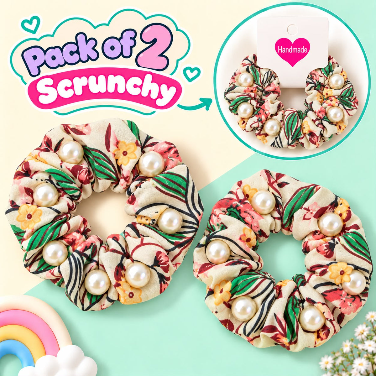 Floral Pearl Scrunchies Pony-01 (Off White)