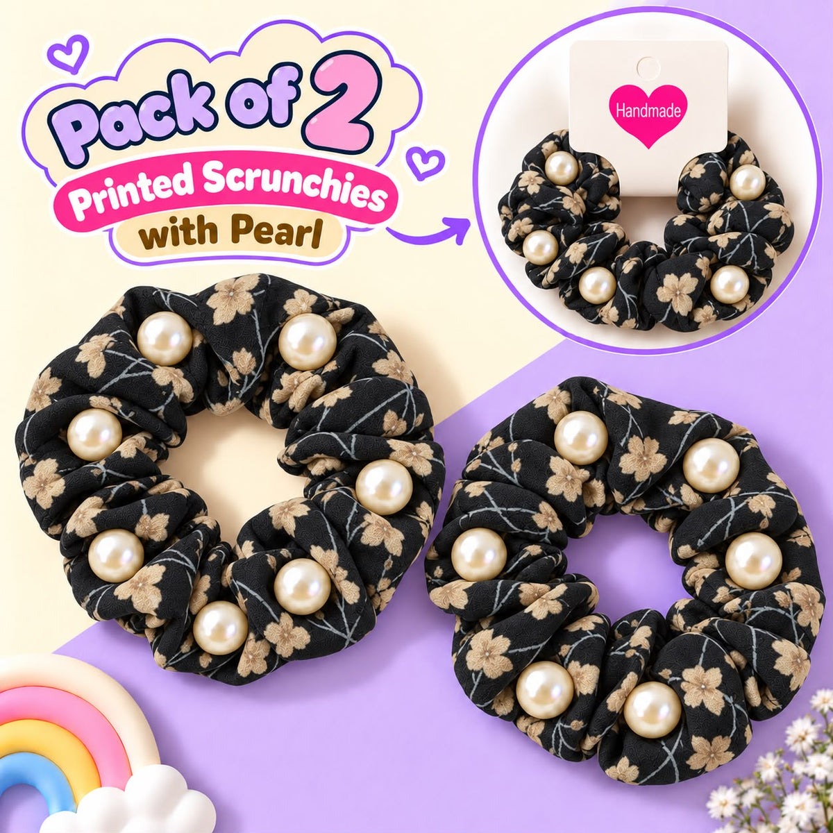 Floral Pearl Scrunchies Pony-02 (Black)