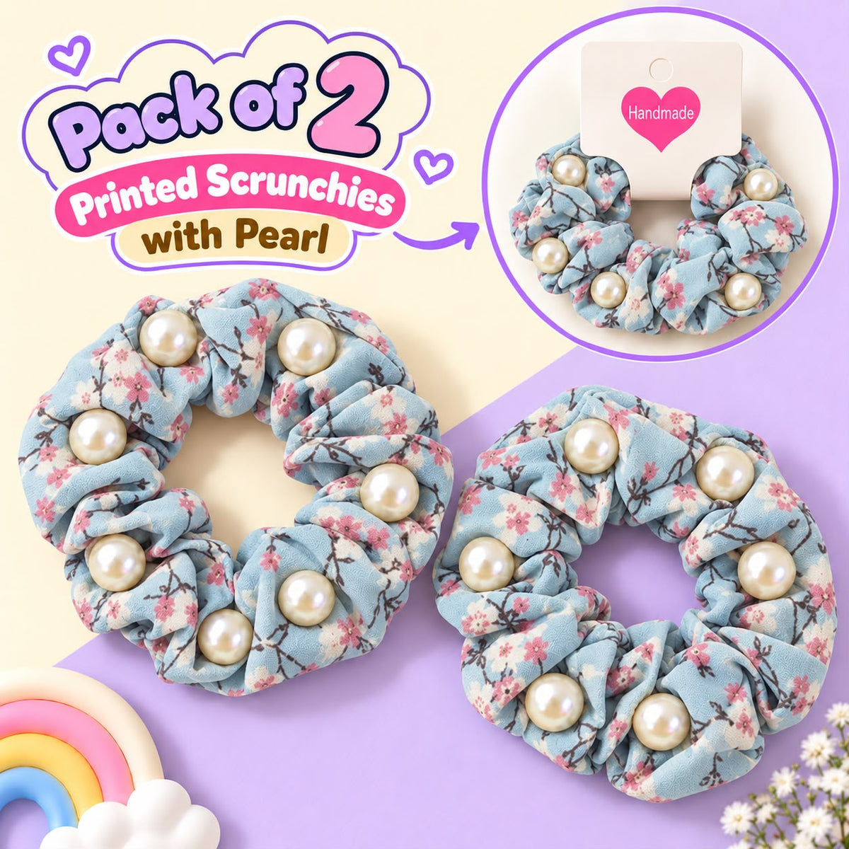 Floral Pearl Scrunchies Pony-02 (Blue)