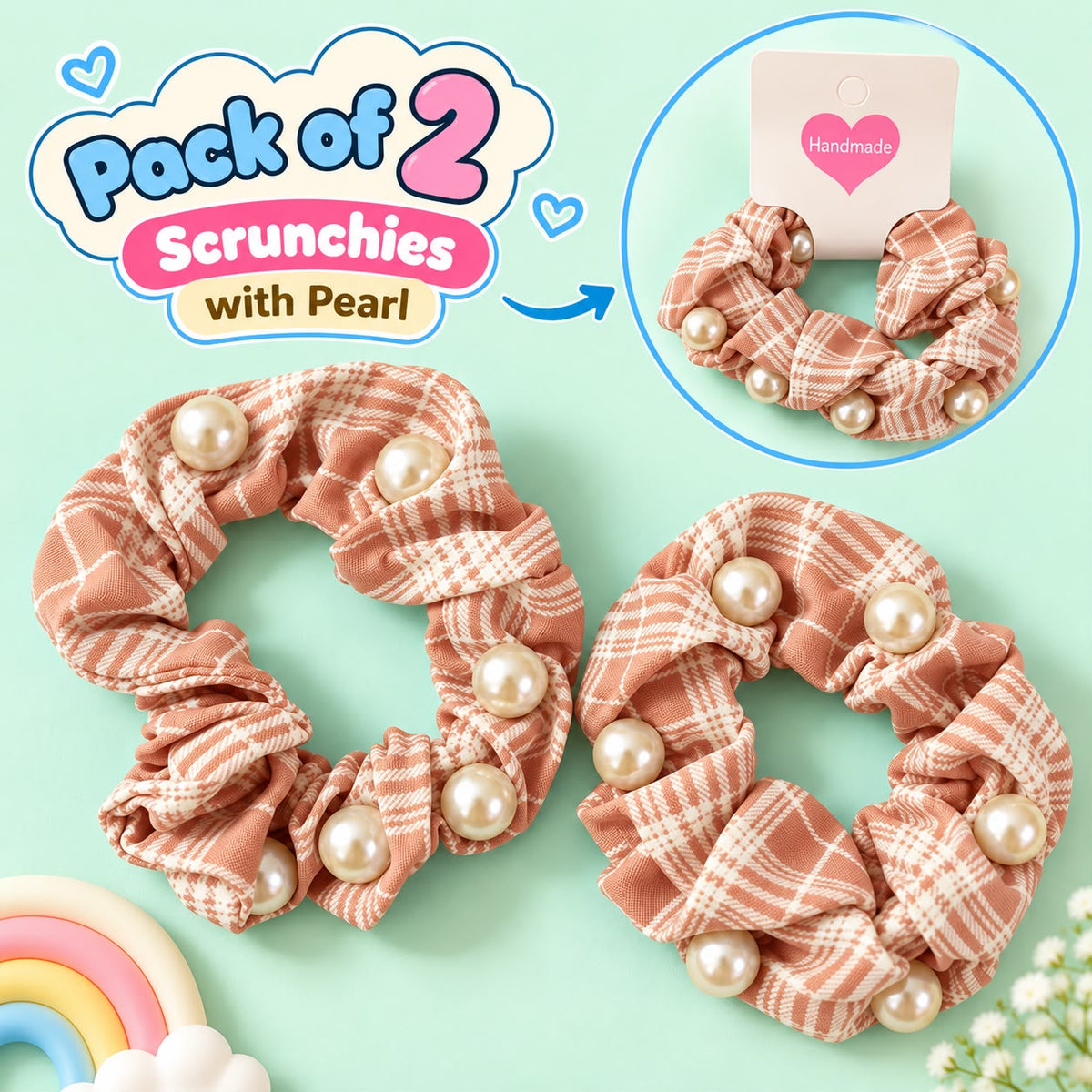Checkered Pearl Scrunchies Pony-03 (Peach)