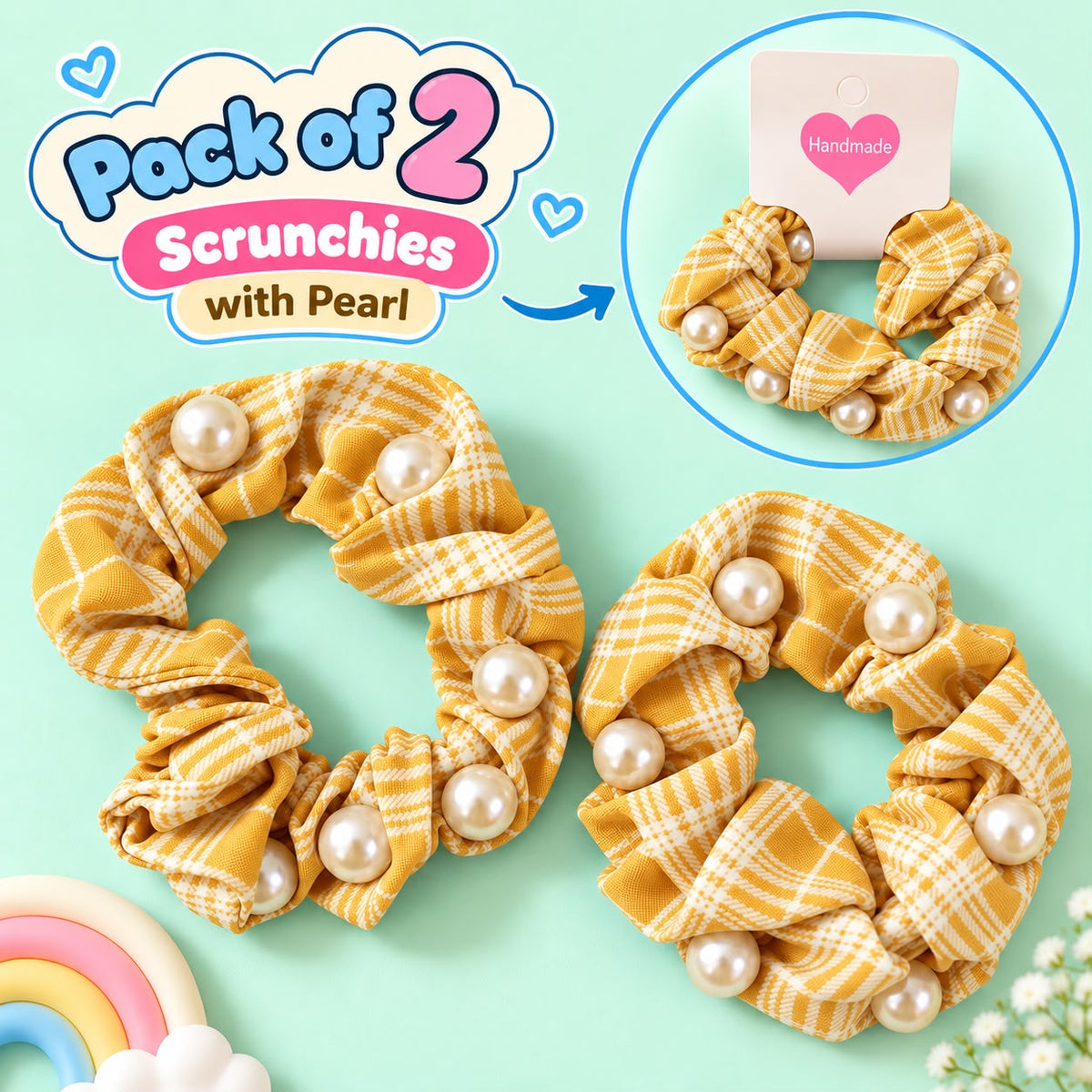 Checkered Pearl Scrunchies Pony-03 (Yellow)