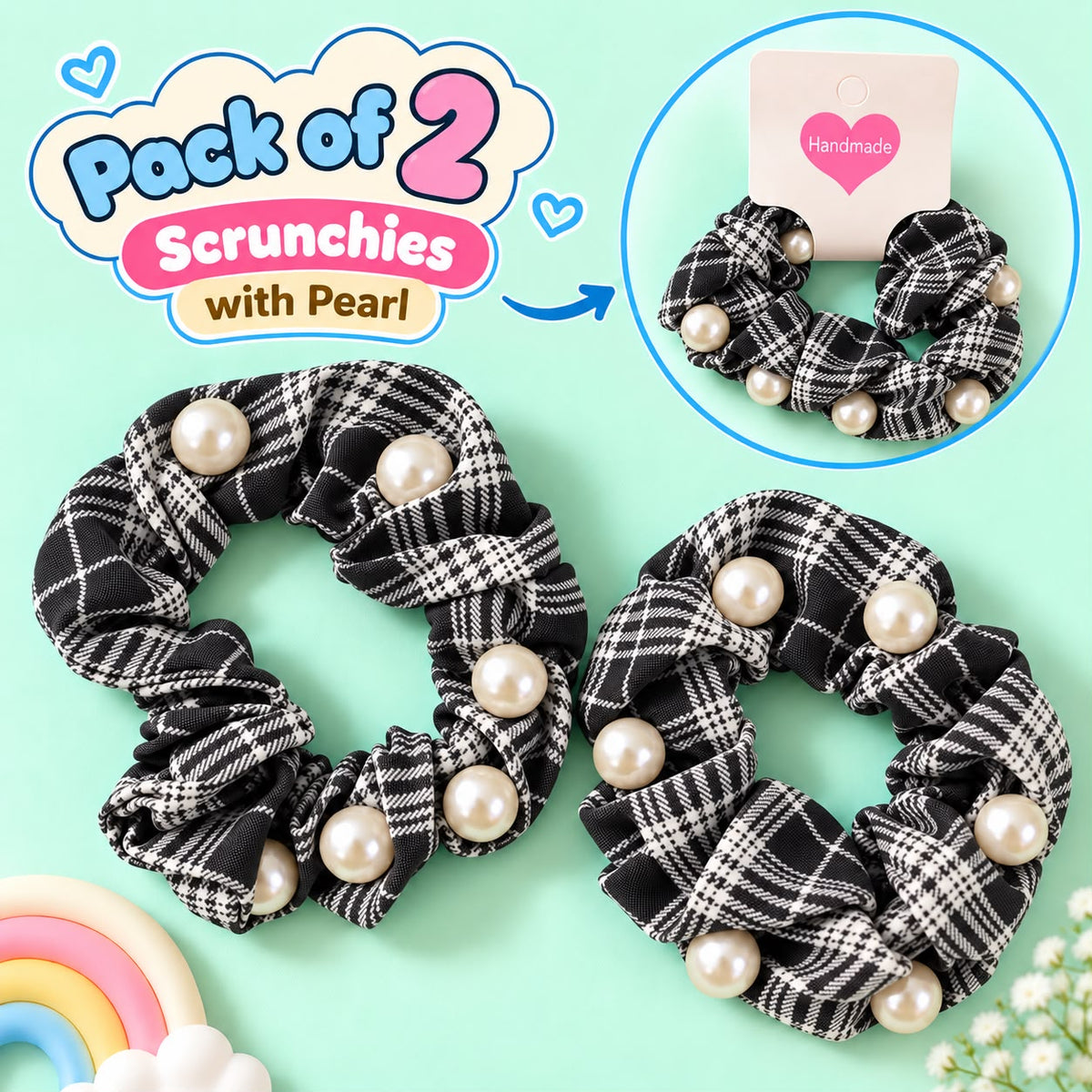 Checkered Pearl Scrunchies Pony-03 (Black)
