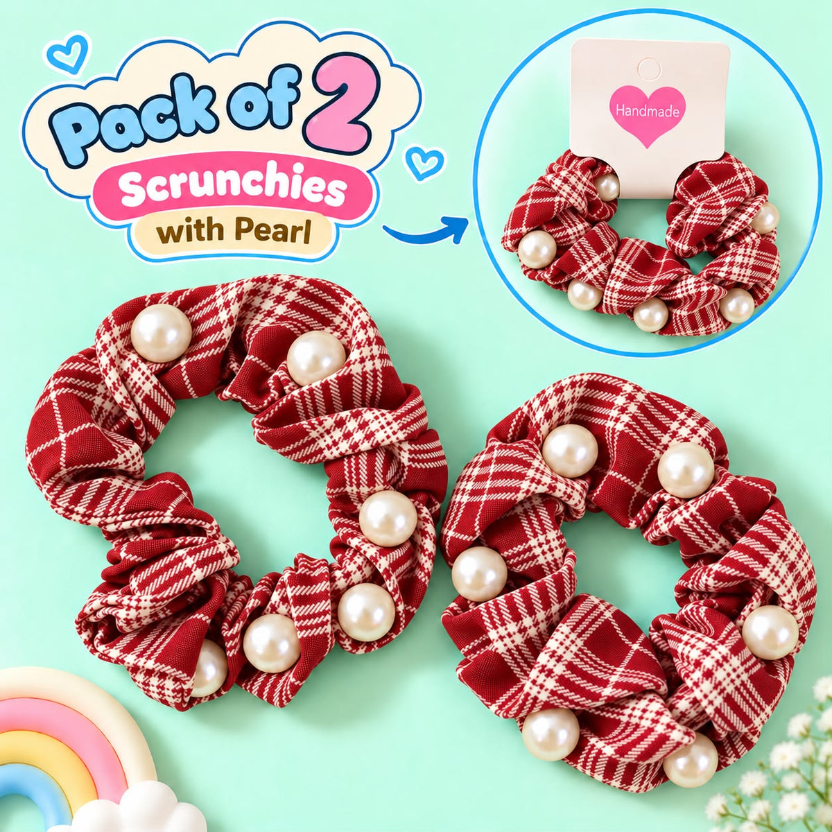 Checkered Pearl Scrunchies Pony-03 (Red)