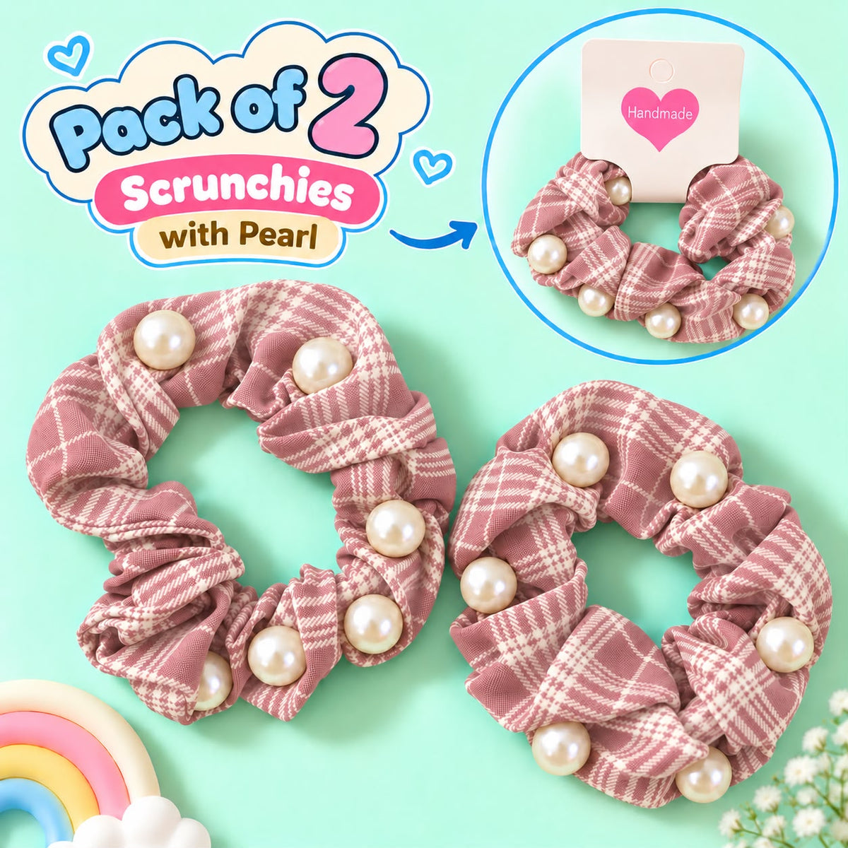 Checkered Pearl Scrunchies Pony-03 (Pink)