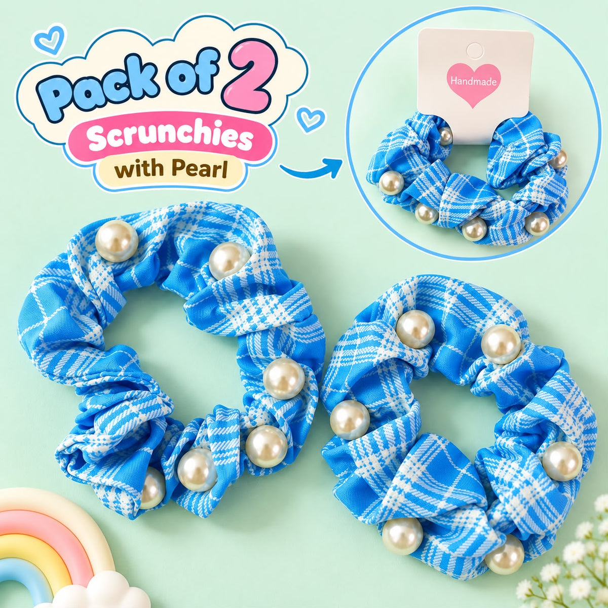 Checkered Pearl Scrunchies Pony-03 (Blue)