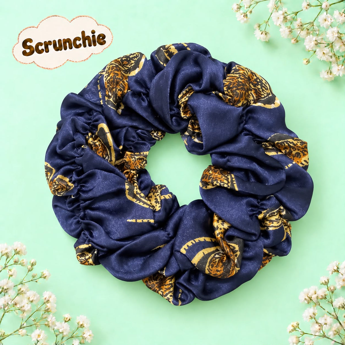 Printed Silk Scrunchie-03 (Blue)