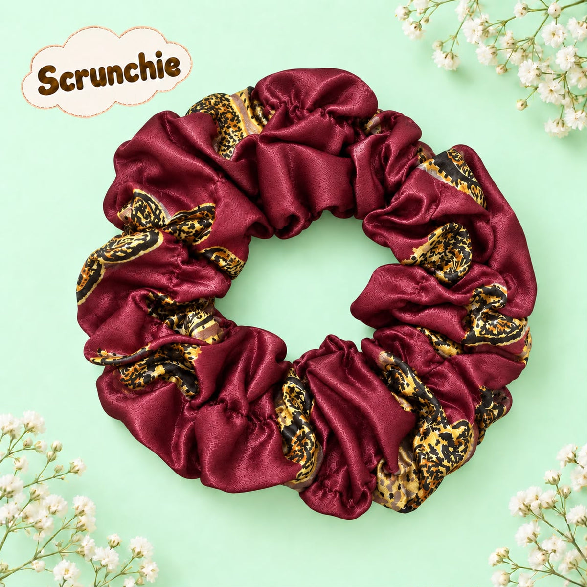 Printed Silk Scrunchie-03 (Maroon)
