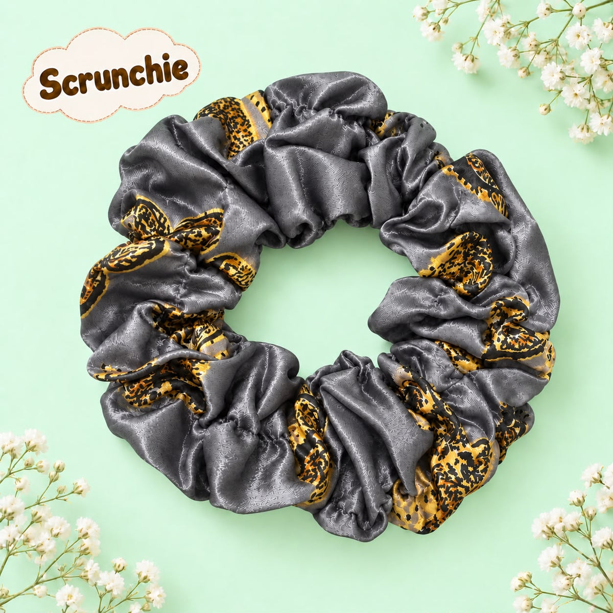 Printed Silk Scrunchie-03 (Gray)